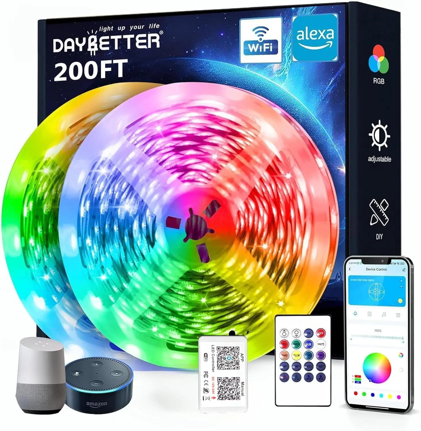 Smart WiFi Led Lights 200 ft, Led Strip Lights Work with Alexa and Google Assistant, App Voice Remote Control Music Sync Color Changing RGB Strip Lighting for Bedroom Room Decor, 100 ft *2