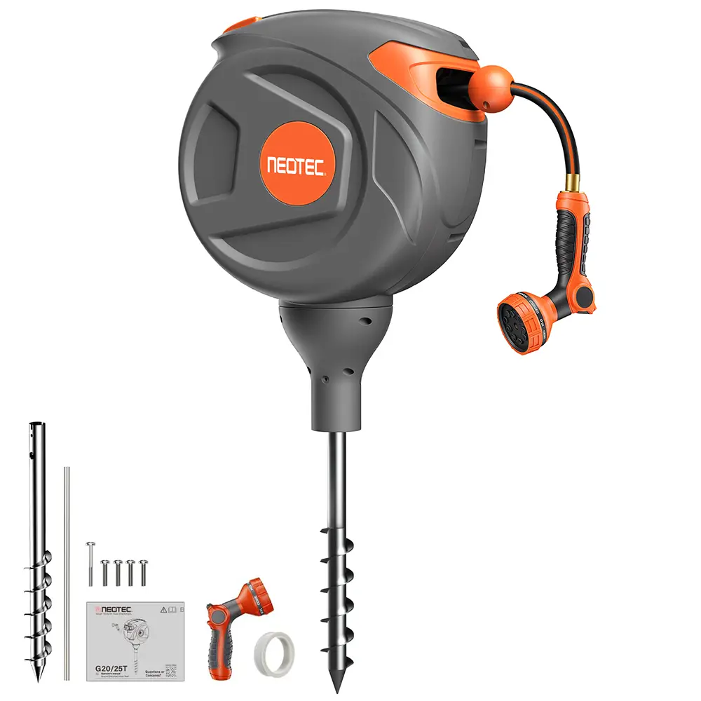 NEOTEC No-Drill Ground-Mounted Retractable Garden Hose Reel 50 ft x 5/8 Inch, Freestanding 360° Swivel Water Hose with Any-Length Lock & Slow Return for Large Yard & Lawn