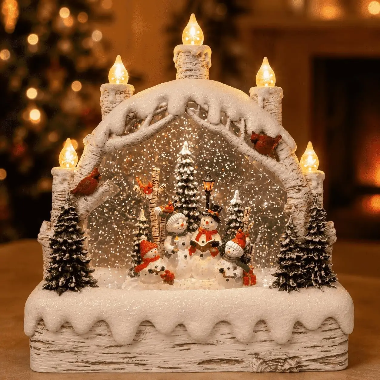 Christmas Snow Globe Lantern with Music & 6H Timer, Snowman Family Water Lantern with 5 Flameless Candle Lights, Swirling Glitter Snowfall, USB-A to Type-C or 3 AA Battery Powered Indoor Table Decor