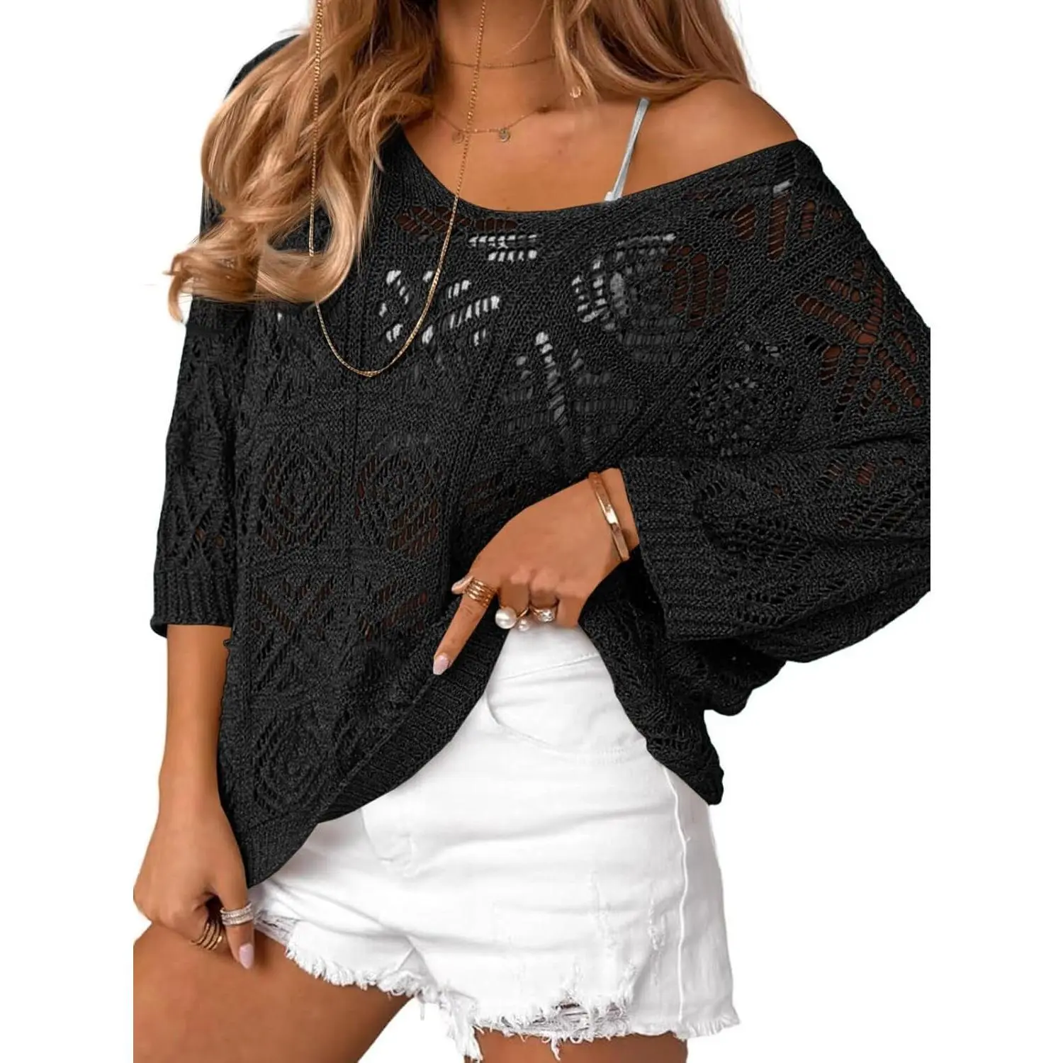 LAICIGO Womens Crochet Cover Up Top Summer 3/4 Sleeve Off Shoulder Sweater Shirts Mesh Boho Beach Swimsuit Coverup