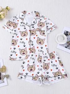 2pcs Valentine's Cute Aesthetic Fitted Cat Print Pajama Set - Adorable Kitty & Heart Short-Sleeve Pjs (Button Collar + Pocket) - Soft Women's Loungewear/Sleepwear for V-Day
