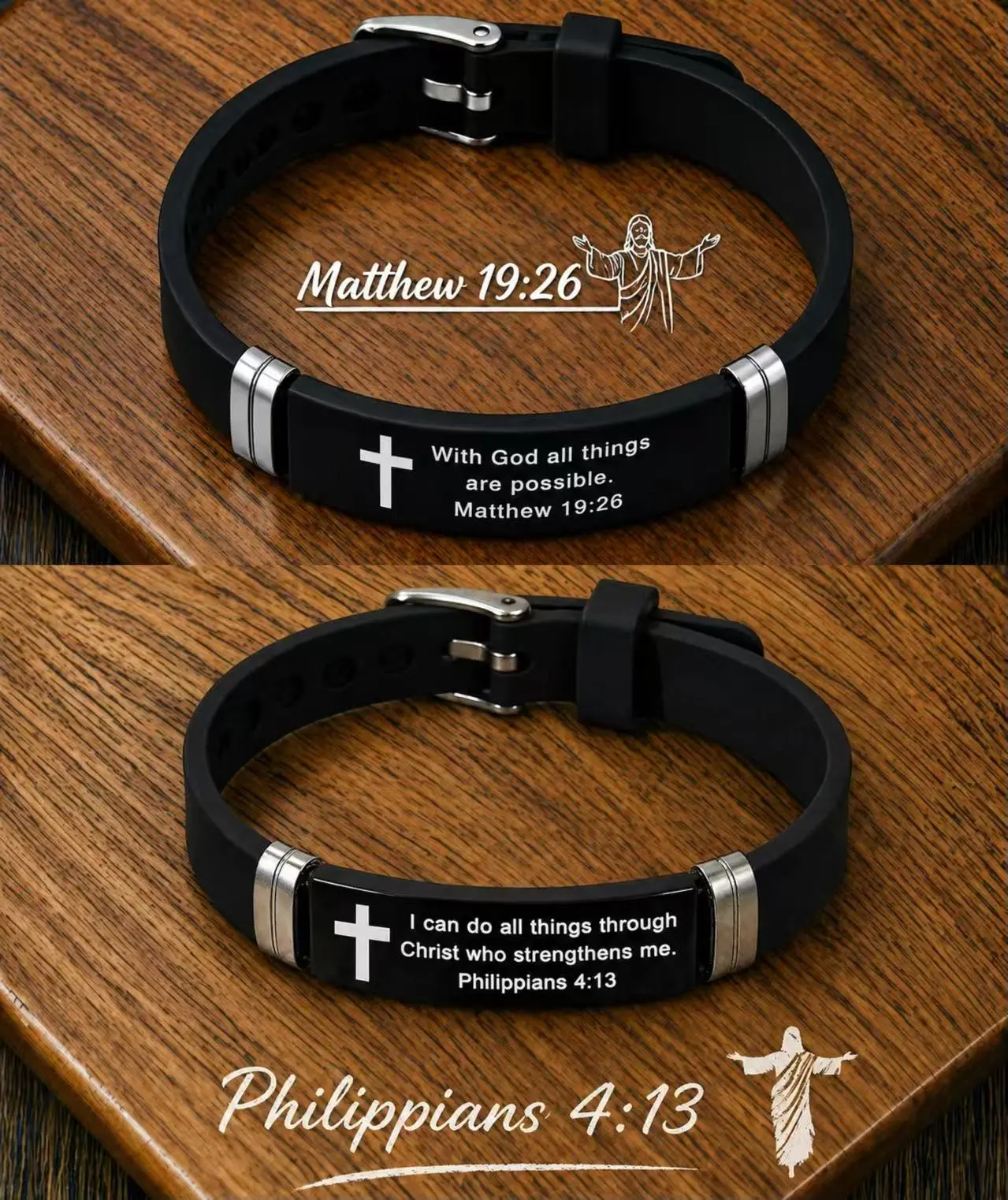 Inspirational Quote Bible Verse Cross Bracelets Faith Christian Silicone Adjustable Bracelet,Gospel Religious Jewelry for Couple / Birthday / Christmas / New Year / Valentine's Day Love Gift