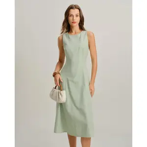 rihoas Women's Minimalist Chic Basic Lady Green Round Neck Sleeveless Waisted Midi Dress - Linen-Cotton and Polyester Fabric Casual Dress,summervibes