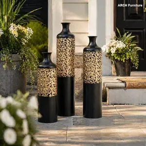 Handcrafted Metal Floor Vase Set, 3-Pieces ARCH Multi-Size Hollow-Cut Black & Gold Light-Play Slender Form Scratch-Proof Vases (20.8"/24.8"/28.7") for Living Room Modern Glam Home Decor, Ideal Pampas Grass Holder & Housewarming Gift, Shiny, Decorative Flo