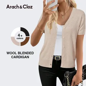 Arach&Cloz Womens Wool Blended Cropped Cardigan Sweater 2026 Short Sleeve Shrug Business Casual Outfits Lightweight Top