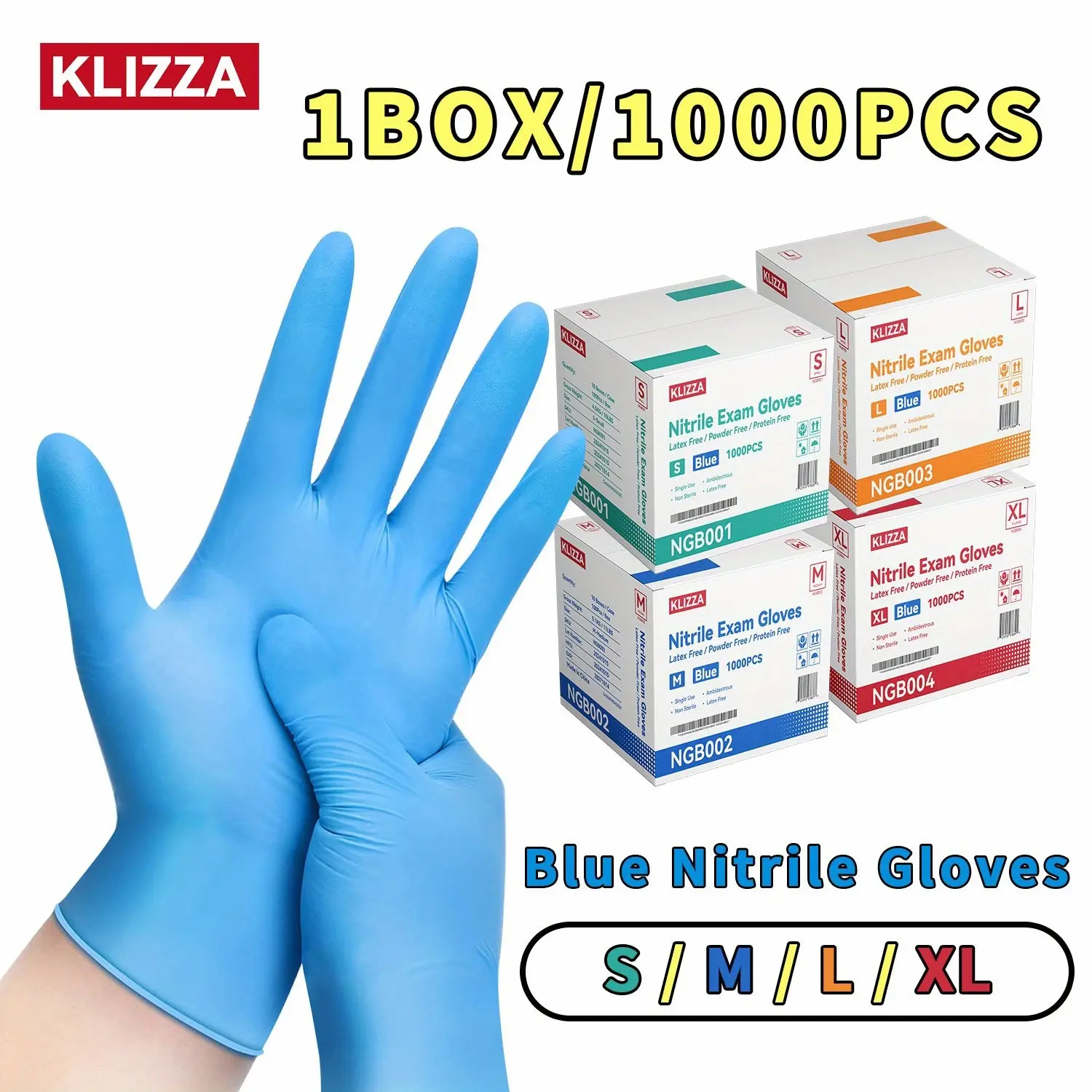 KLIZZA Blue Nitrile Gloves, 1000pcs, S/M/L/XL Size, 4 Mils, Work Gloves, Latex And Powder-free, Disposable Non-sterile Protective Gloves, Suitable For Medical Examination, Food Preparation, House Cleaning, Pet Care.