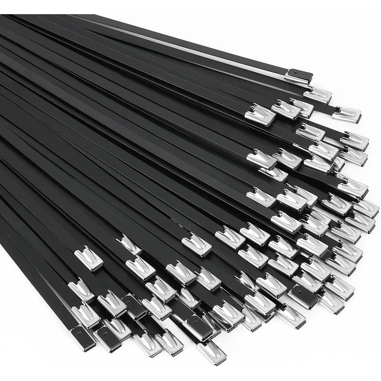 Durable 304 Stainless Steel Epoxy-Coated Black Self-Locking Cable Ties, 100pcs 11.8in Bulk Pack Metal Zip Ties for Machinery, Outdoor Binding, Pipes, Farms
