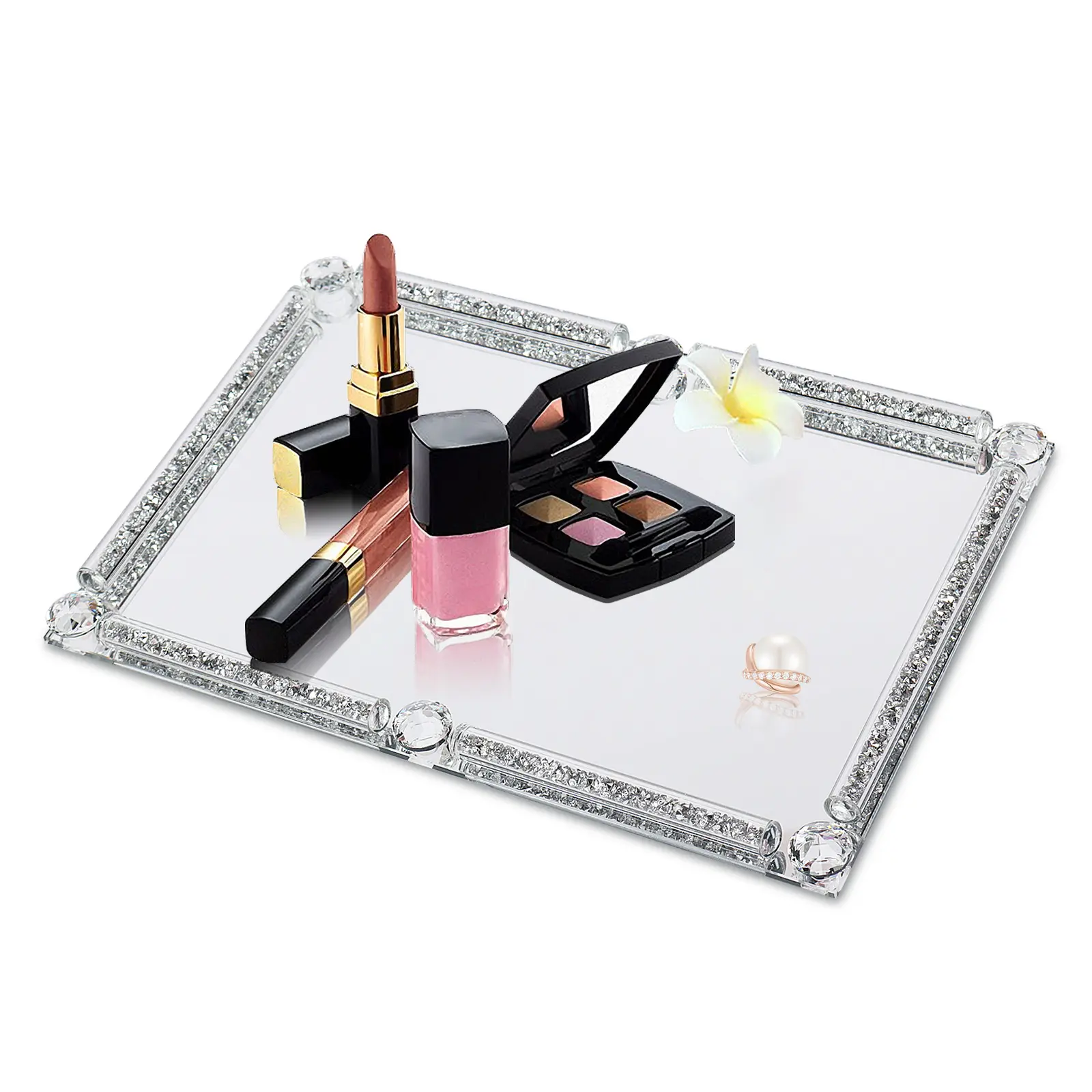 Mirrored Tray, Mirrored Trays for Vanity, Crystal Mirror Perfume Tray, Bathroom Glass Crushed Diamond Tray Silver, Cosmetic Makeup Decorative Tray for Bathroom Jewelry Trinket Countertop