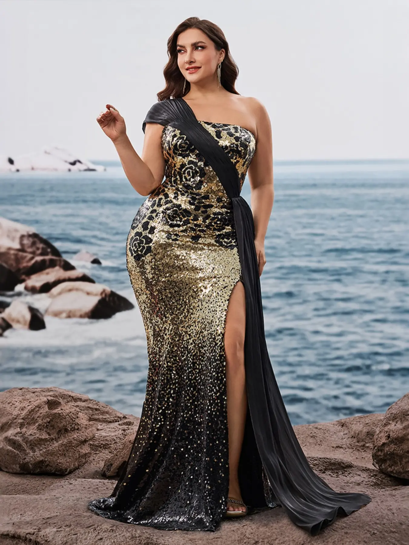 Plus Size One Shoulder Gold Gradient Flower Sequin Mermaid Evening Gown, Flowy Chiffon Train High Split Slit Slim Fit Long Dress for Party Carpet, Formal Elegant Dress
