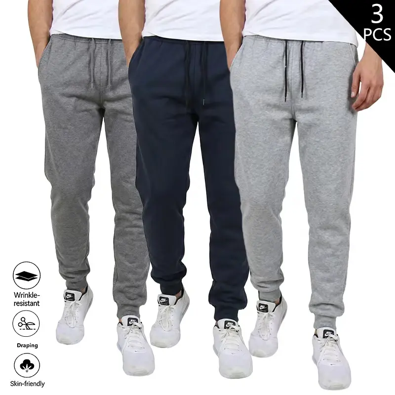 Clean Gent Men’s Spring/Autumn Casual Slim Fit Solid Color Long Pants 3-Pack, skin-friendly breathable soft comfortable fabric, drawstring elastic waistband design, stylish minimalist classic fit, versatile men’s bottoms suitable for everyday wear and out
