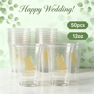 150 pieces of 12-ounce clear plastic wedding cups with gold foil bride and groom print, disposable cups suitable for wedding receptions, bridal showers, and engagement parties, not suitable for hot drinks, plastic party cups for wedding supplies