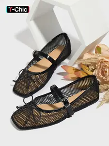 Ballerina Hollow Out Mesh Flat Shoes Summer Bowknot Square Toe Breathable Casual Sandals Fashion Comfort Soft Sole, Bowknot Design Flats