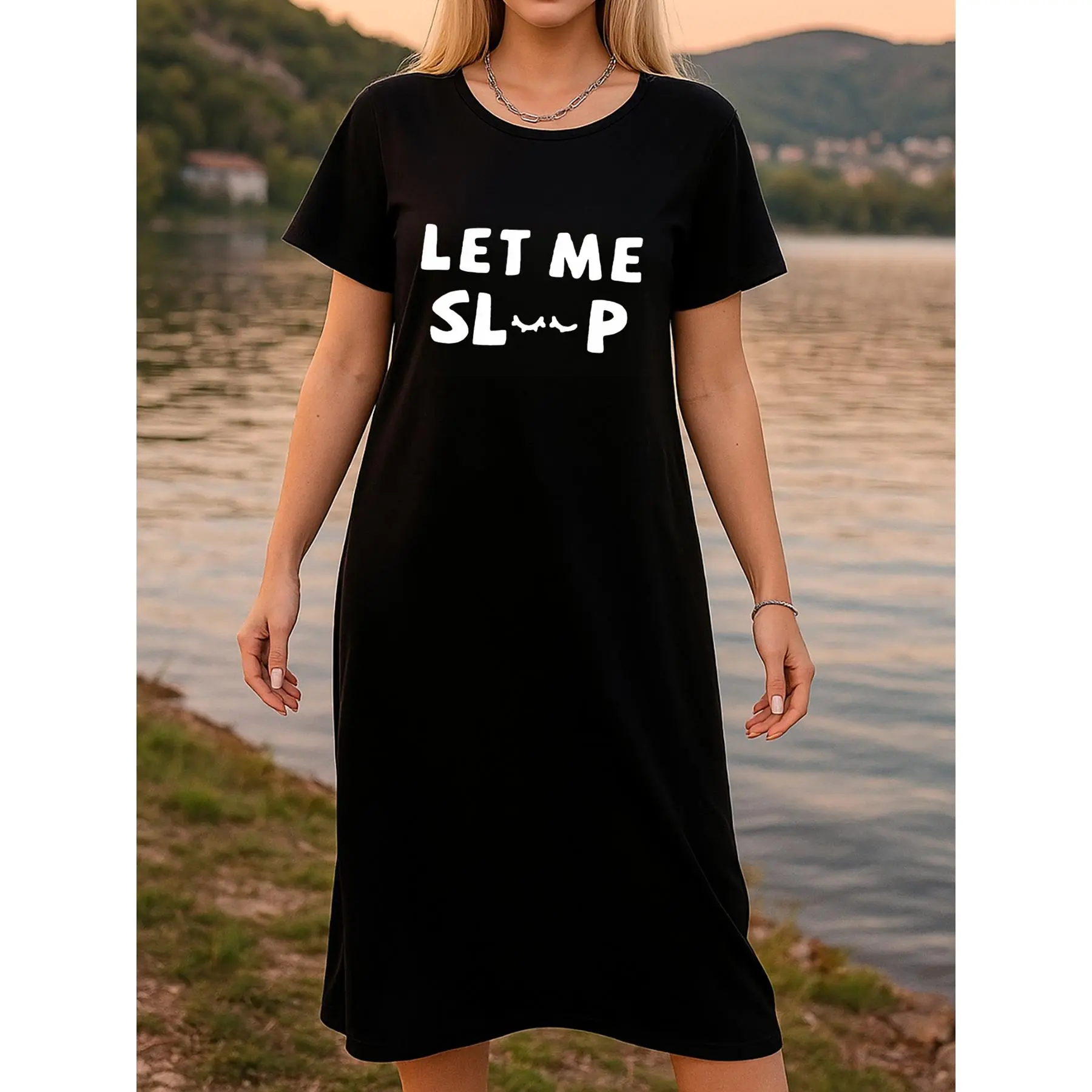 Women's Black White and Red Casual T-Shirt Dress with “Let Me Sleep” print in jersey fabric for year-round wearA stylish and sexy summer home pajama dress designed for wives and mothers as a pajama gift! Lace Womenswear Adjustable Comfy Elegance Feminine