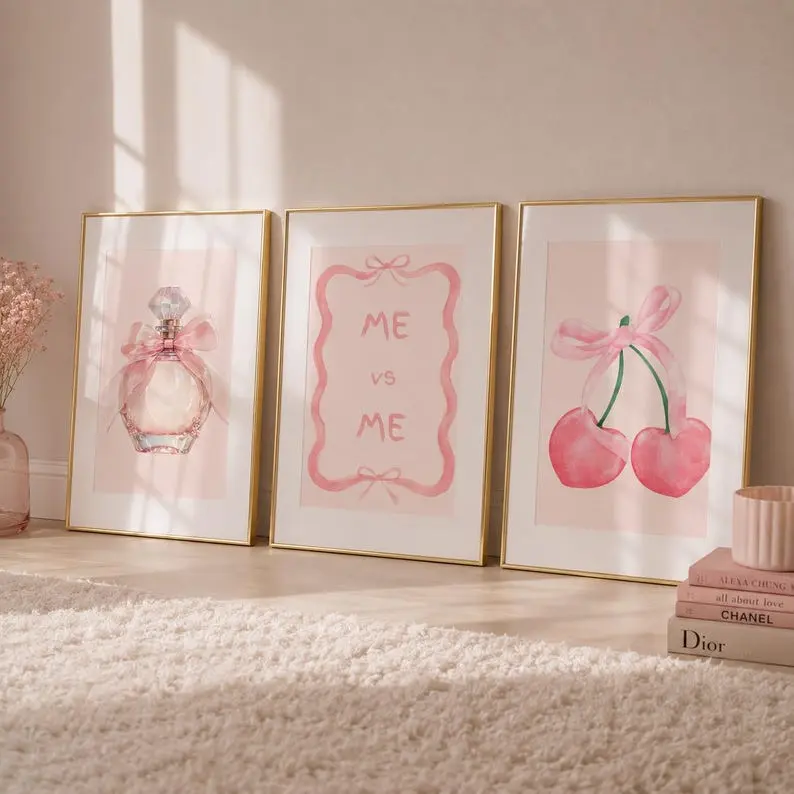 Blush Bows Set Of 3 Pink Me In Me Trendy Perfume Elegant Cherry Coquette Fashion Home Decor Trio, Chic Wall Art