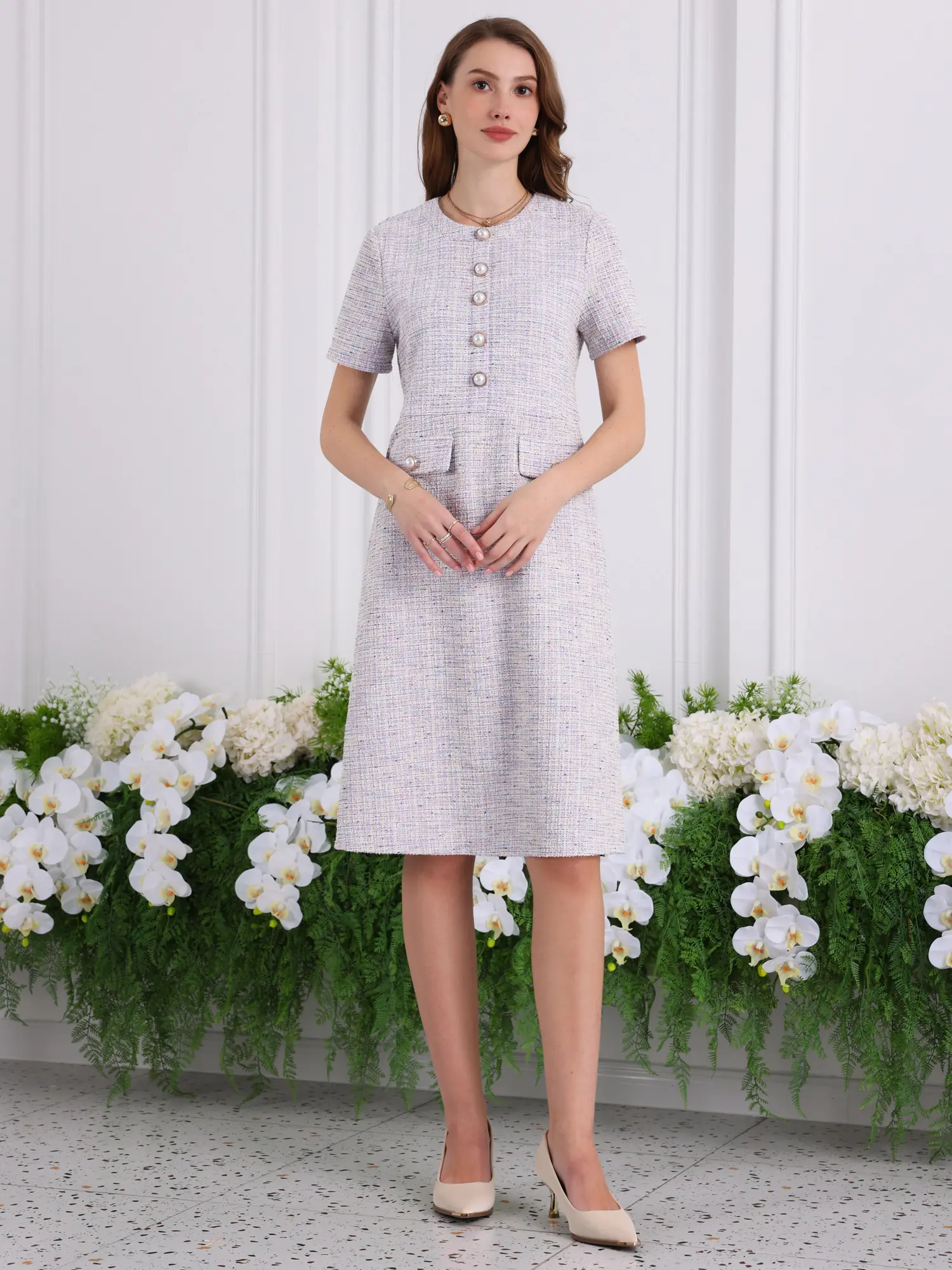 INSPIRE CHIC Women's Short Sleeve A-line Dress Button Decor Elegant Work Tweed Dresses
