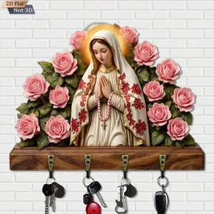 Vintage Sacred Heart Key Holder for Wall Wooden Religious Decor with 4 Metal Hooks Faith-Inspired Home Organizer for Entryway, Hallway & Living Room Stylish Functional Decor (11.8 x 4.8 in)