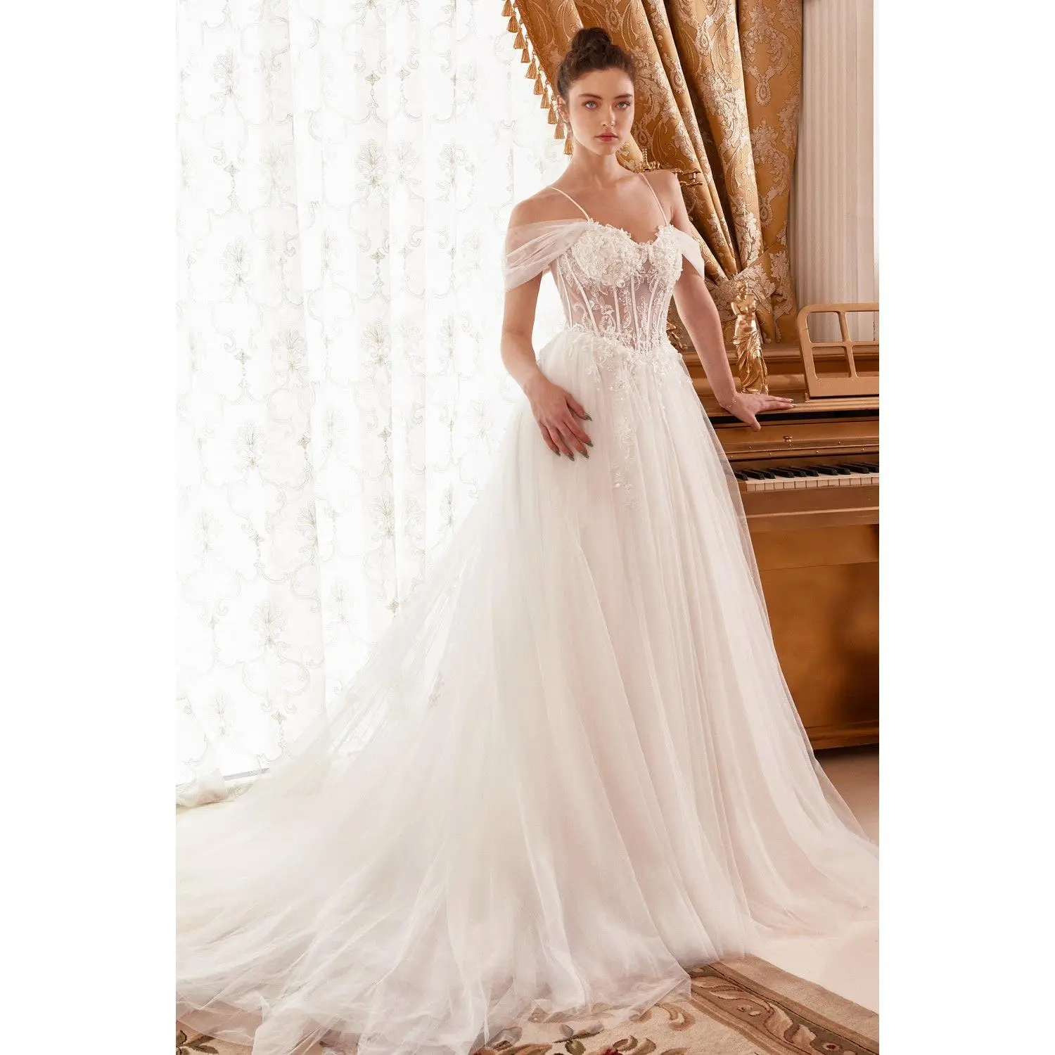 Layered Tulle A-Line Bridal Gown With Corset Bodice By Cinderella Divine -WN307