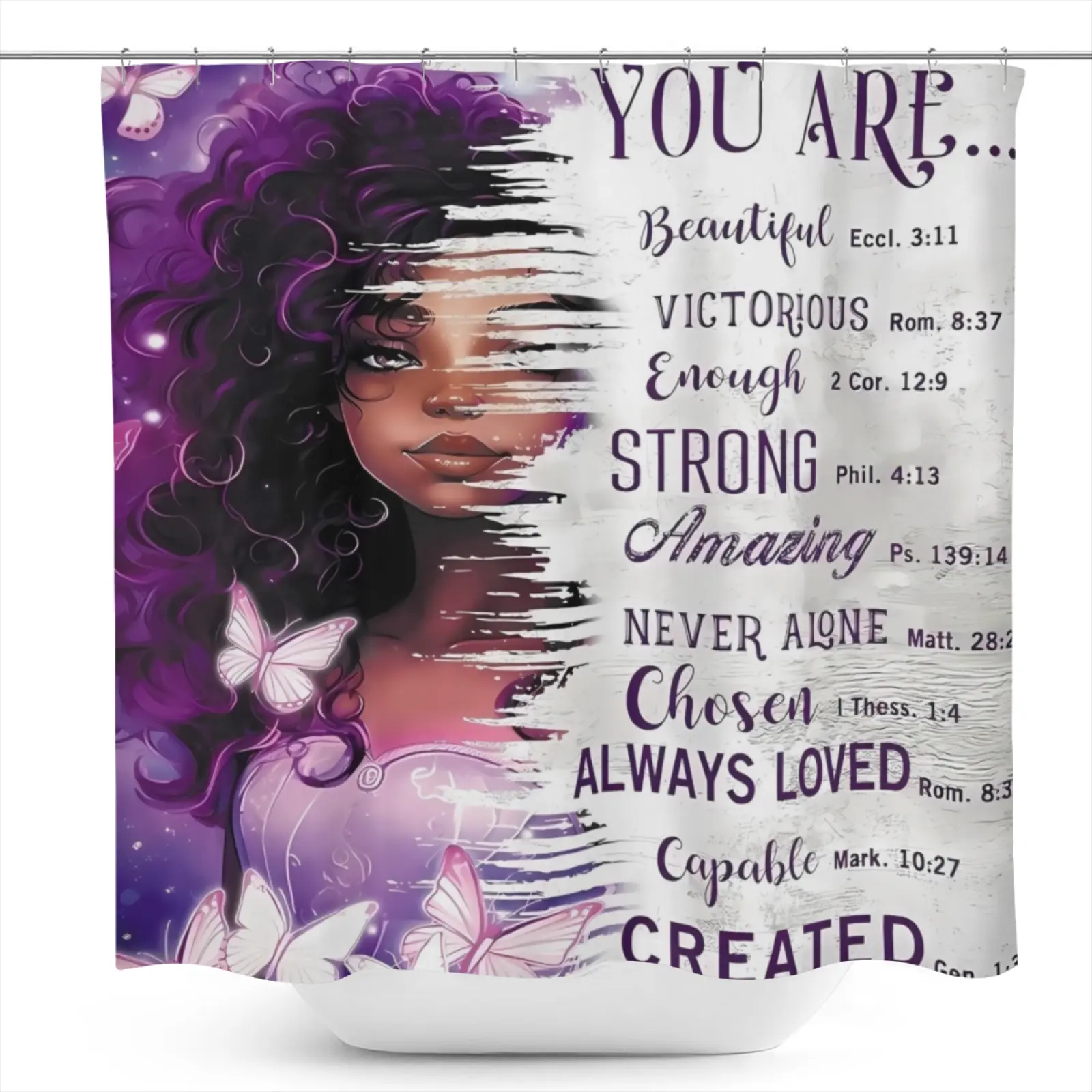 Purple Curly Hair Black Woman Bible Verse Pattern Polyester Fibre Shower Curtain, Waterproof Washable, 12 Hooks Included, 71in W x 71in H, Modern Art Design, Bathroom Decor Ideas