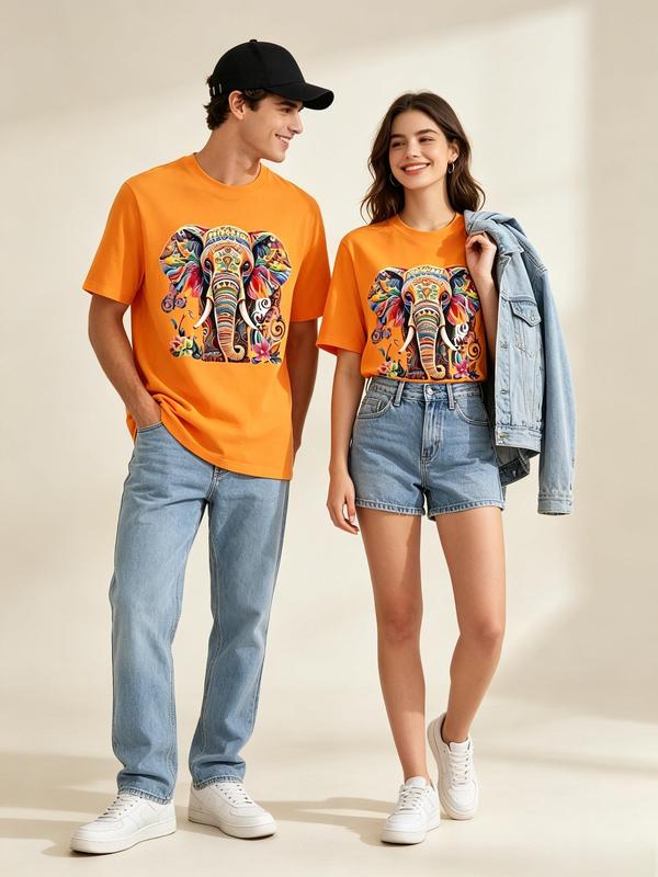 Women's Plus Size Soft Cotton Boho Elephant Print Tee - Short Sleeve, Round Neck, Colorful Vintage Ethnic Graphic, Breathable Fabric, Oversized Relaxed Fit, Machine Washable, Boho Vibe Casual Top for Spring Summer