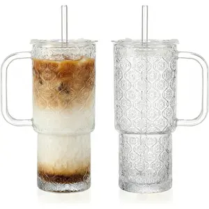 20 oz Glass Tumbler with Lid and Straw, Glass Iced Coffee Cups, Spill-proof Glasses Tumbler with Handle, Hobnail Glasses Drinking Set of 2, Vintage Glassware for Cocktail, Juice, Smoothies