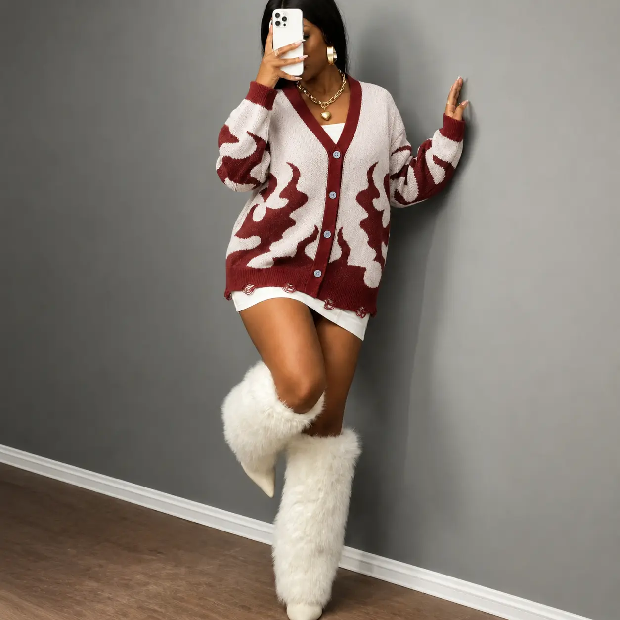 Women's Fire Pattern Cardigan, Soft V-Neck Streetwear Knit Sweater with Long Sleeves for Casual Party Wear, Halloween, Thanksgiving, Easter, Chinese New Year, Valentines Day, Casual Cute