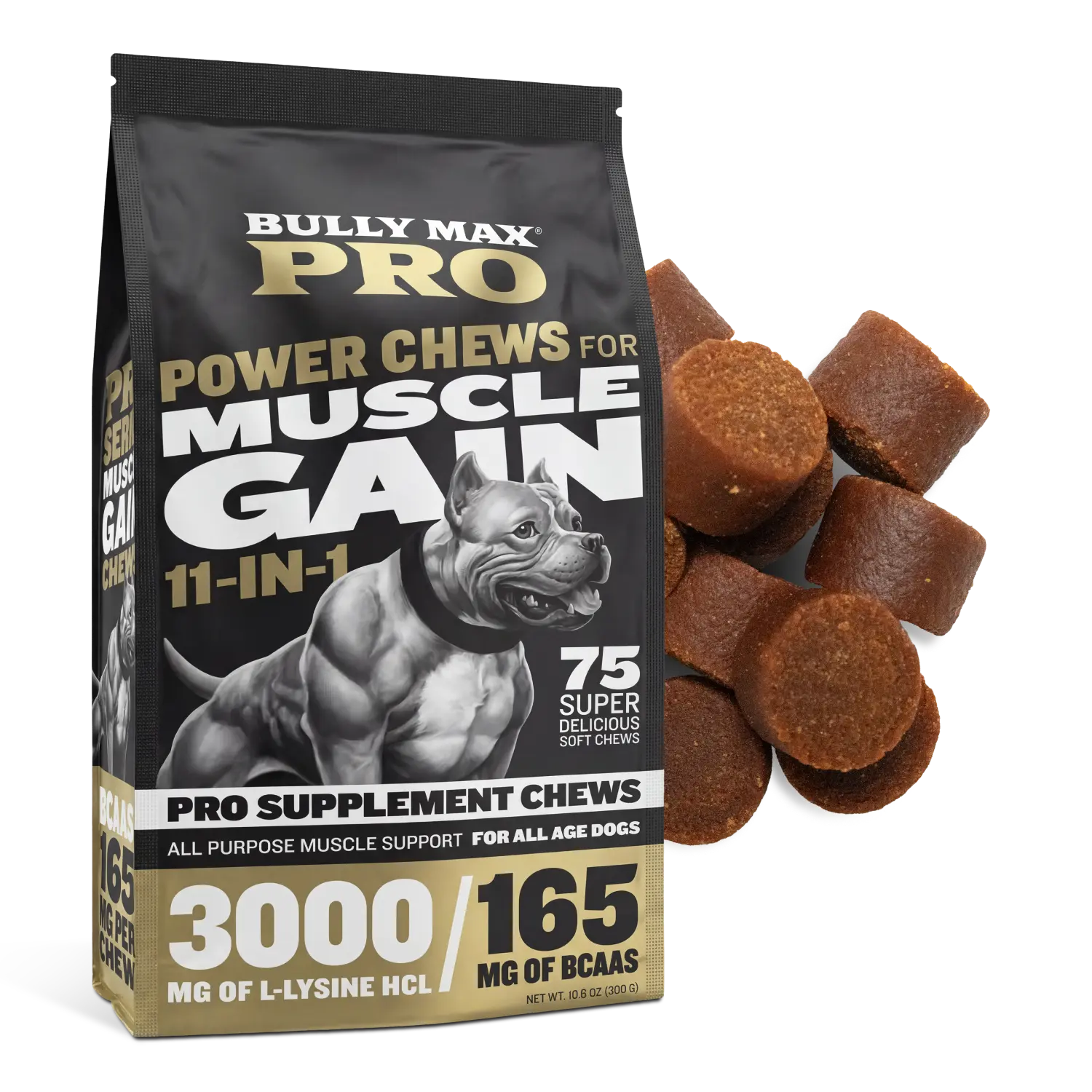 Bully Max Pro 11-in-1 Muscle Gain Power Chews Pro Supplement for Dogs - 75 Chews, All Purpose Muscle Support