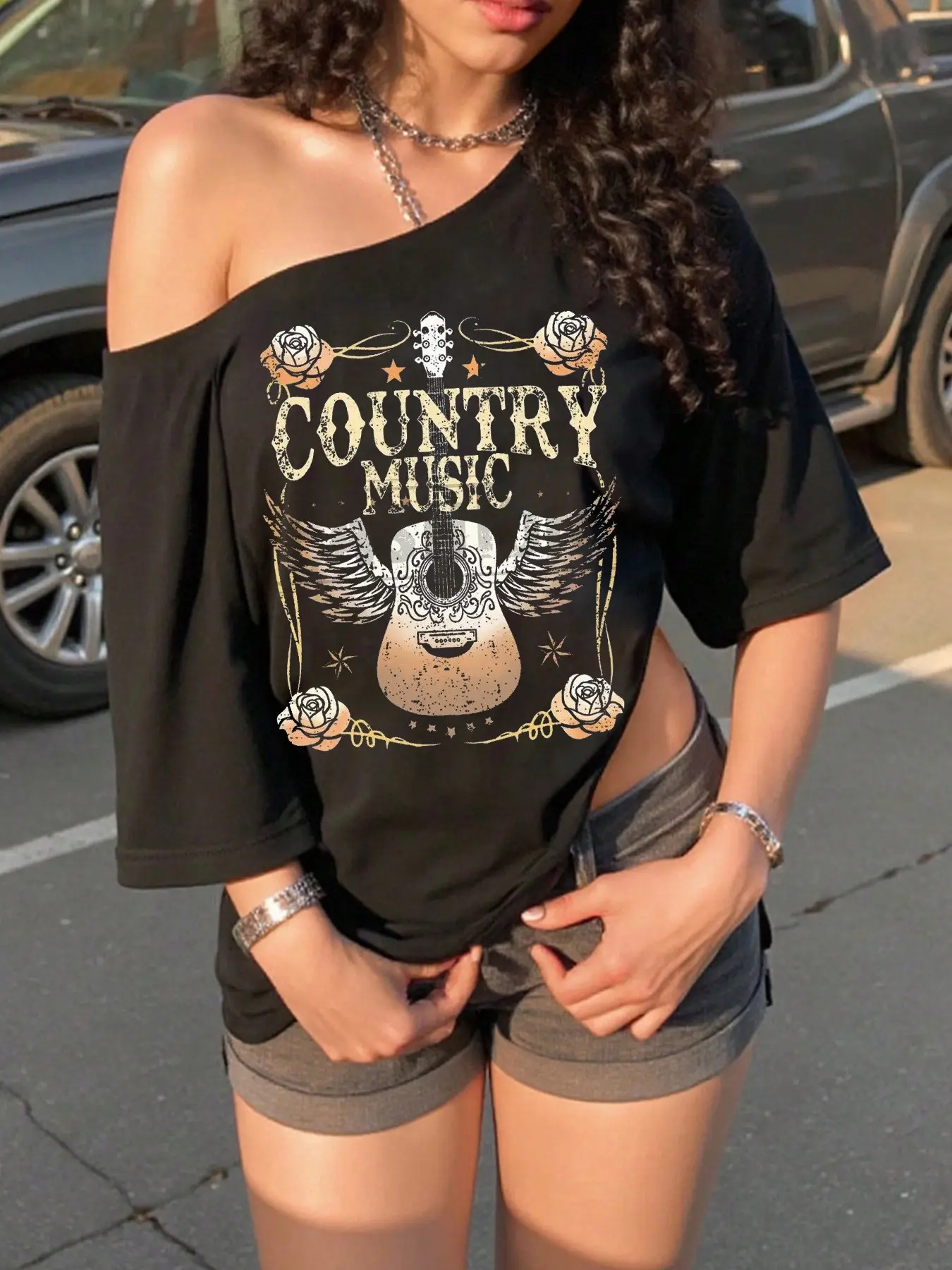 Women's Asymmetrical Country Music Print Short Crop Top, Sexy Shoulderless Summer Casual Fitted T-Shirt for Lady, Cute Outdoor Fashion Trend Streetwear, Casual Chic Top, Apparel T Shirt, Casual Tee Tops, Casual Cropped Tee