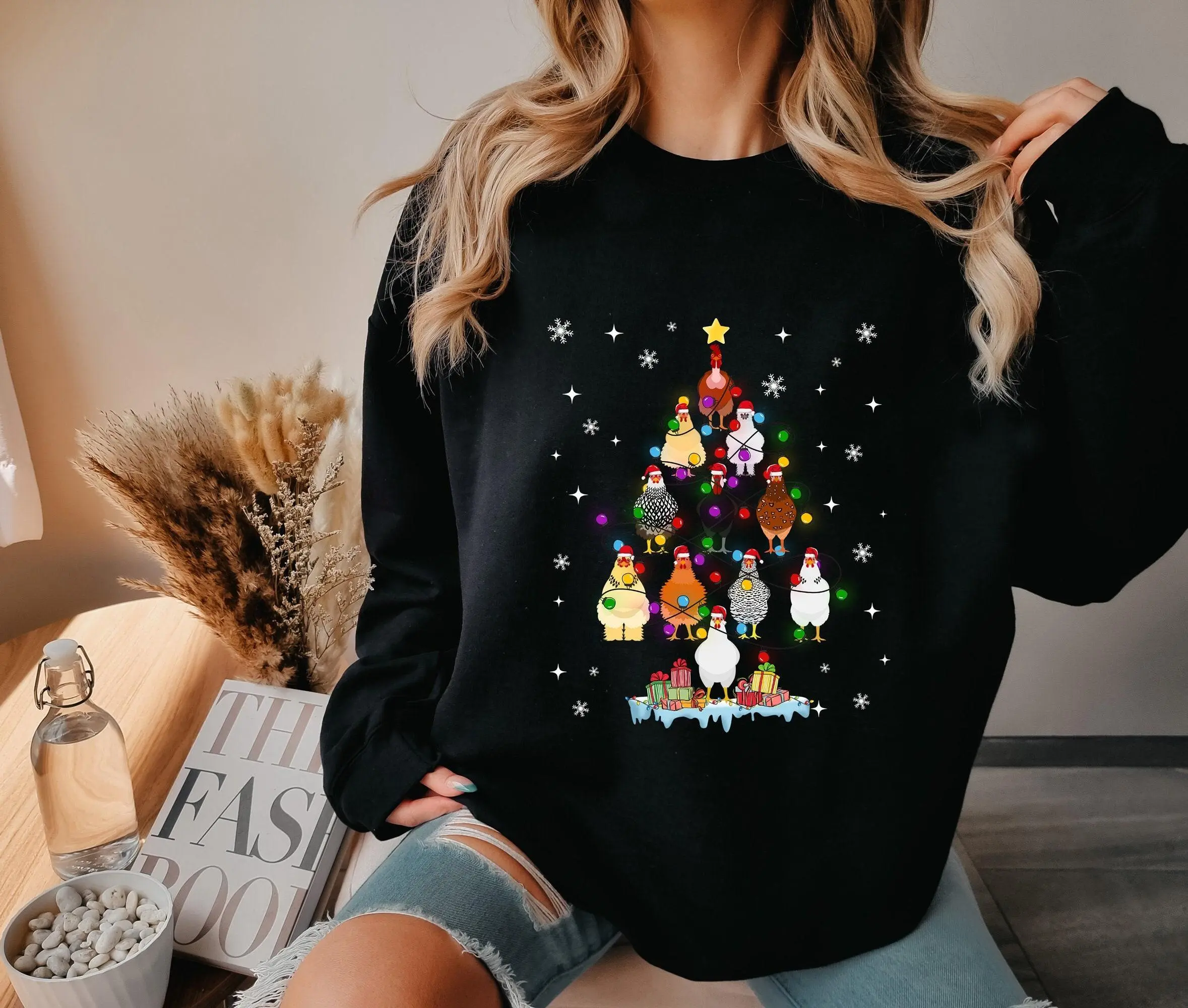 Chicken Christmas Tree Sweatshirt, Christmas Chickens Sweater, Chicken Christmas Lights Hoodie, Chicken Farm Sweatshirt, Animals Christmas