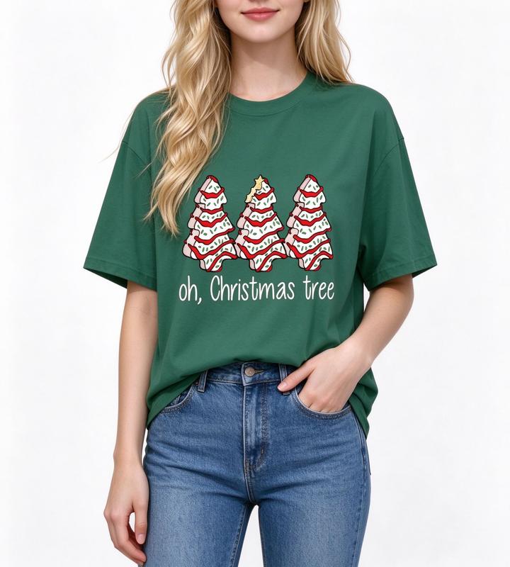Women's 100% Cotton Christmas Tree Snack Cake Graphic Tee - Casual, Comfortable Fit Loungewear, Vintage Funny Holiday Top, Matching Cute Christmas Gift