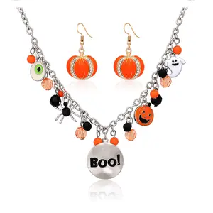 Halloween Ghost Jewelry Set Beaded BOO Pumpkin DIY Pendant Necklace Drop Earrings Gothic Lace Vampire Pendant Chain For Costume Party 16in+2in Extension