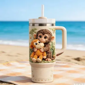 Monkey Punch Relief Tumbler, Monkey Punch Adventure Tumbler Hugs with Lid Stainless Steel Cup for Outdoor Travel,  Straw & Handle, Animal Lover Gifts for Women, Girl