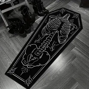 1pc Halloween Rug, Coffin Shaped Floor Mat, Gothic Style Coffin Shaped Mat with Skull Design, Halloween Home Decor, Unique Irregular Shape Decorative Rug for Bedroom and Living Room Decoration, 100% Polyester, Hand Wash Only