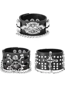 3 Pcs Punk Leather Bracelet Metal Studded Wristband Skull Retro Steam Punk Wide Belt Spike Bracelet Adjustable Cuff Bangle Gothic Rock Bracelet for Men Women Cosplay Party Cross Bracelet