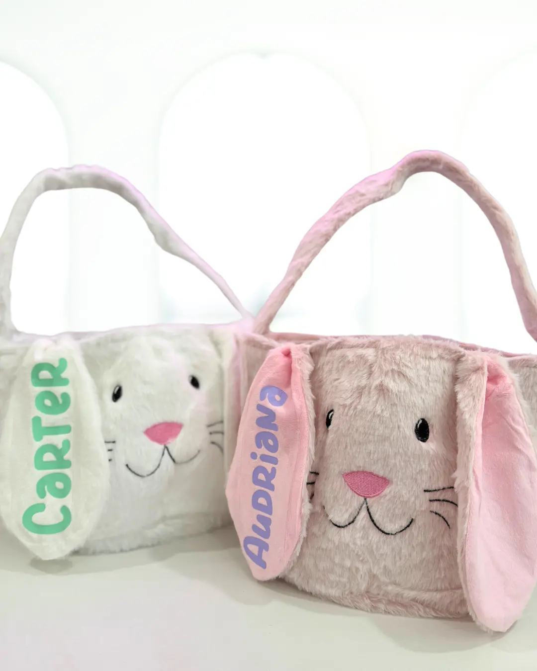 Personalized Custom Easter Baskets - 9"L x 6"W x 7.8"H with Fluffy Ears, Available in White or Pink for Easter Celebrations and Gift Giving