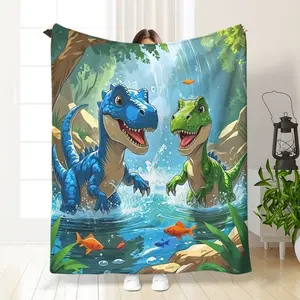 Cartoon Dinosaur Adventure 2D Pattern Blanket, Dinosaur Print Blanket, Soft Flannel Throw, Multifunctional Office Bed Chair Sofa Blanket, Perfect Gift