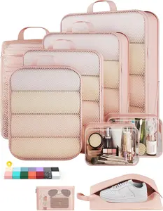 Veken Compression Packing Cubes Set – Expandable Travel Organizer Bags for Suitcase, Luggage Storage, Clothes Packing Cubes with Toiletry Bags (9/11 PCS, Beige)