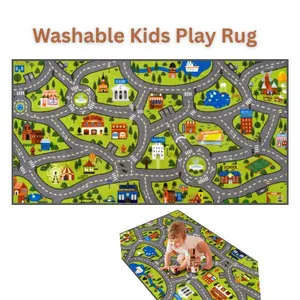 Fall Halloween Gift  Washable Kids Car Play Rug – 60" x 32" Non-Slip City Road Map Carpet for Toy Cars | Educational Playroom Mat for Toddlers & Boys Bedroom Floor Activity