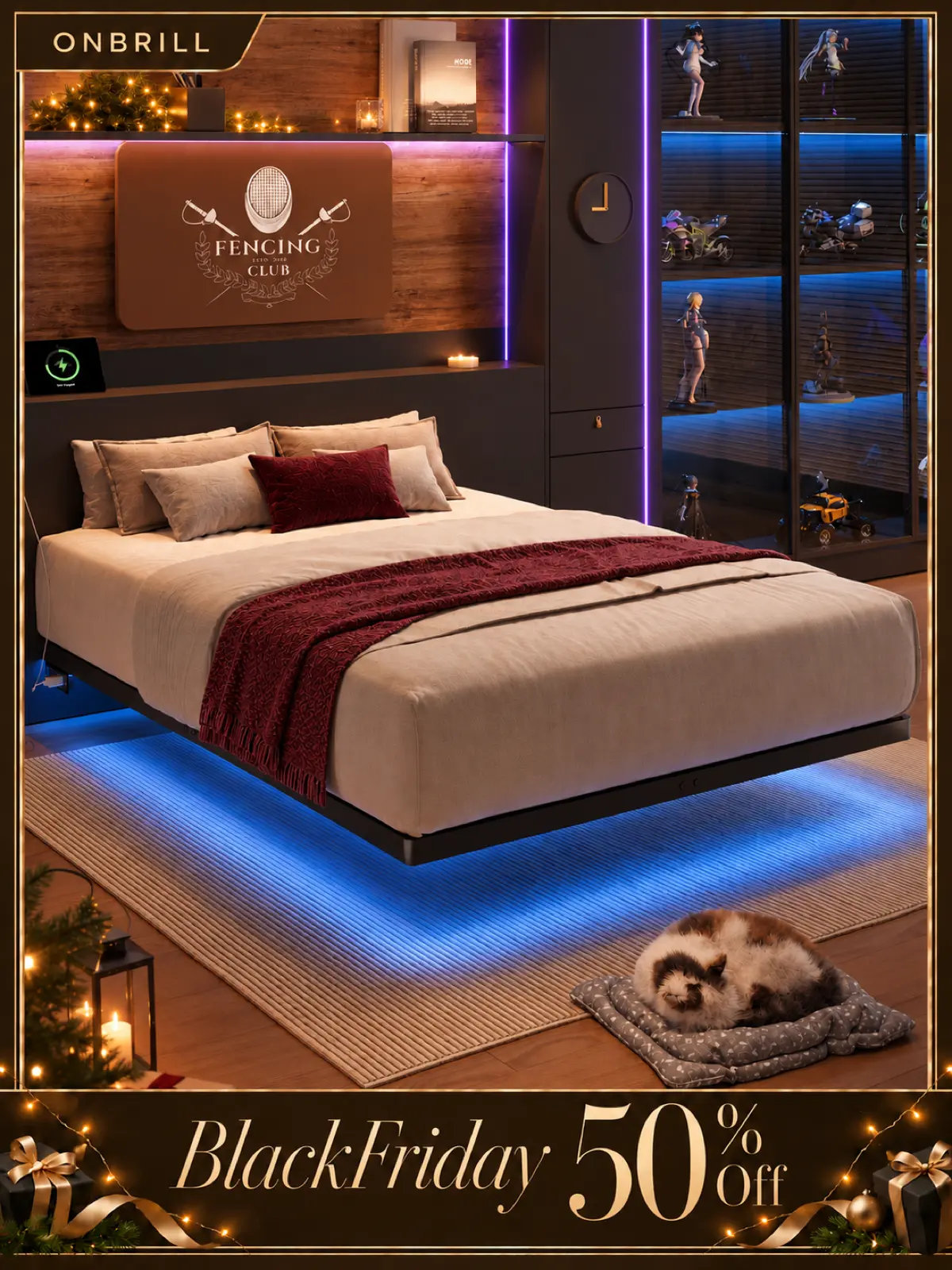 【Black Friday】ONBRILL LED Floating Bed Frame, Full/Twin/Queen/King Bed Frame with Power Outlet, Heavy Duty Metal Platform Bed Frame, Camas Queen, Easy Assembly, No Box Spring Needed, Noise-Free, Bedroom Furniture