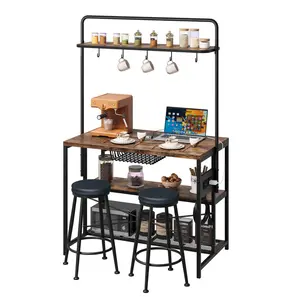 Industrial Kitchen Island 2 Bar Stools, Bakers Rack with 3-Tier Shelves, Power Outlet & & 5 Hooks, Microwave Stand Coffee Bar Table for Dining Room, Living Room, Apartment