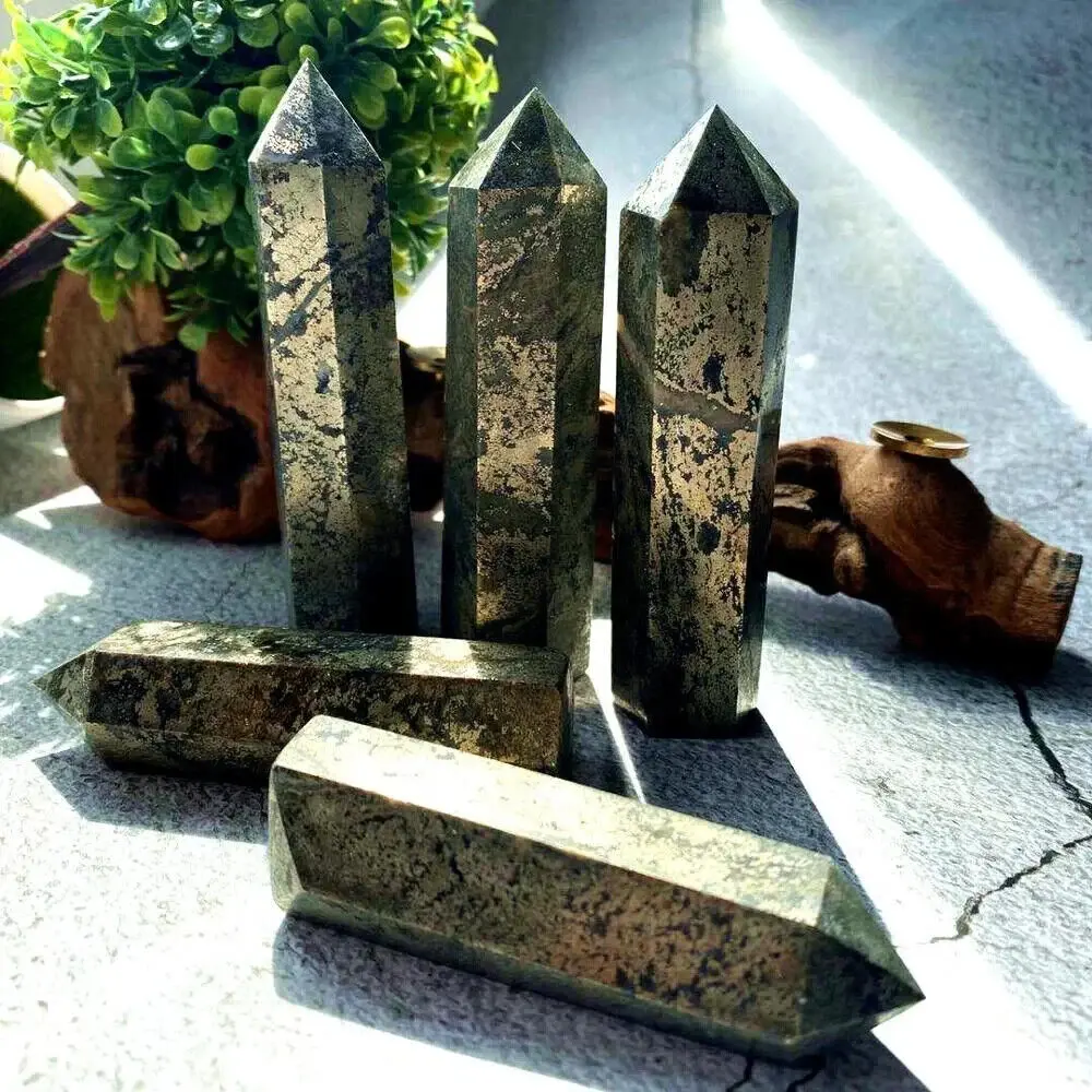 Polished Natural Pyrite Obelisk, 7-9 cm Handcrafted Energy Wand for Reiki Healing, Abundance and Confidence Crystal Tower Point Wand Reiki Obelisk Home Decor Gift