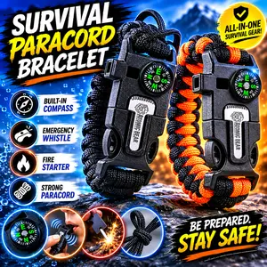 Paracord Bracelet 2 Pack Adjustable Fire Starter Loud Whistle for Hiking Camping Fishing Hunting Black & Black+Orange Outdoor Gear
