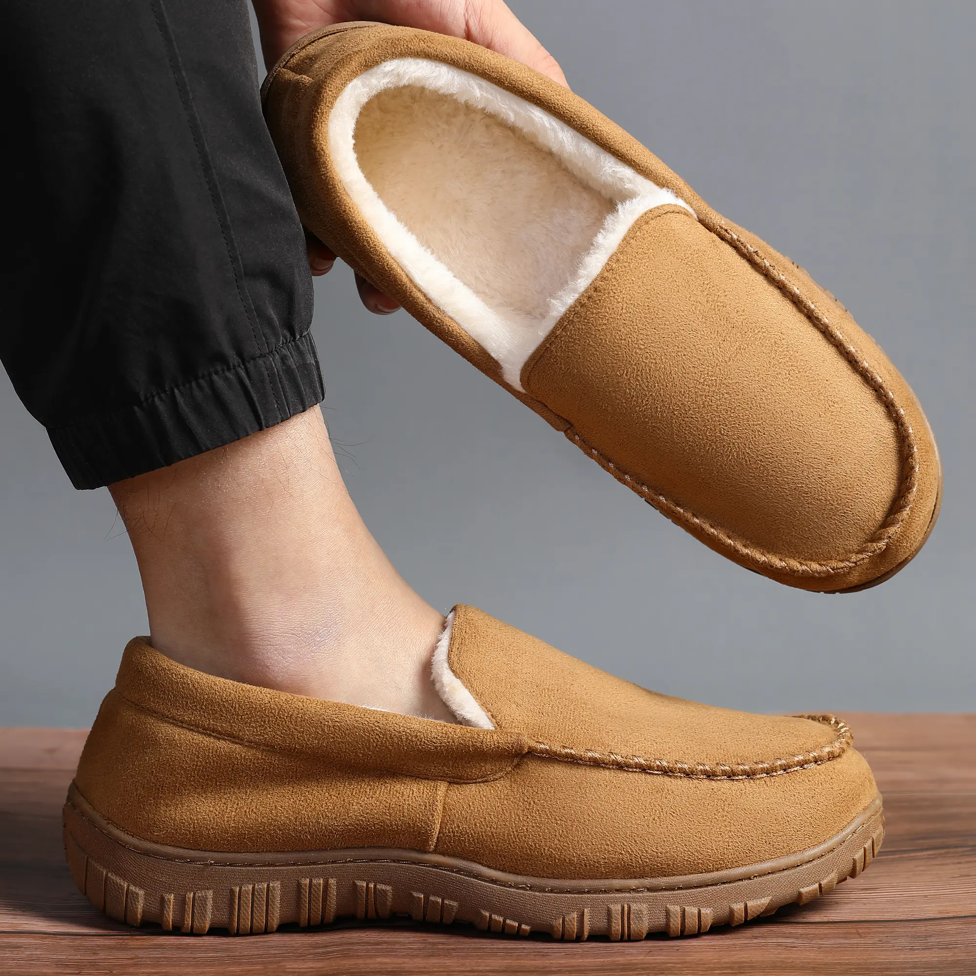 Men's Moccasin Slippers, Beige Knit Cotton House Shoes with Memory Foam Insoles, Plush Lining & Non-Slip Outsole for Indoor Outdoor Wear, Fabric, Outdoors, Casual, Footwear, Breathable, Closed Back, Cloth, Flexible, Odor-Free, Slip On, Flat Sole