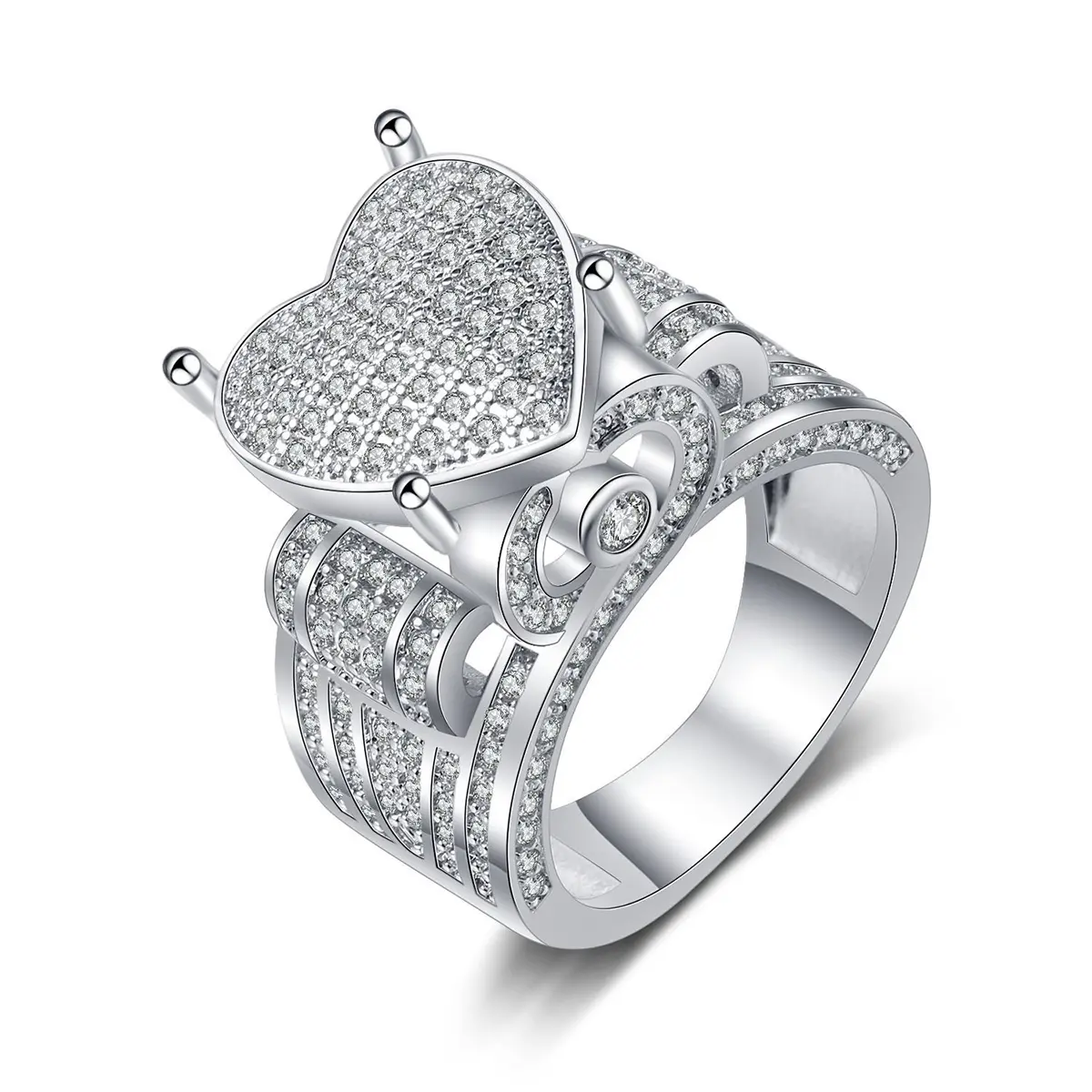 Statement Ring for Women, Vintage Heart and Crown Cubic Zirconia Designs, Platinum Plated Jewelry Paved with Sparkly AAA Stones, Sparkly Cubic Zirconia
