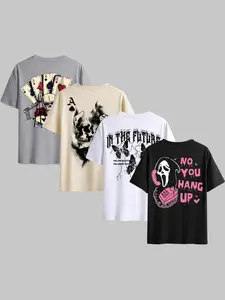 Men's 4 Pack Round Neck Short Sleeve Fitted T-Shirts, Artistic Graphic Poker Card Print, Casual Comfortable Summer Outdoor Wear, Soft Easy Care Fabric