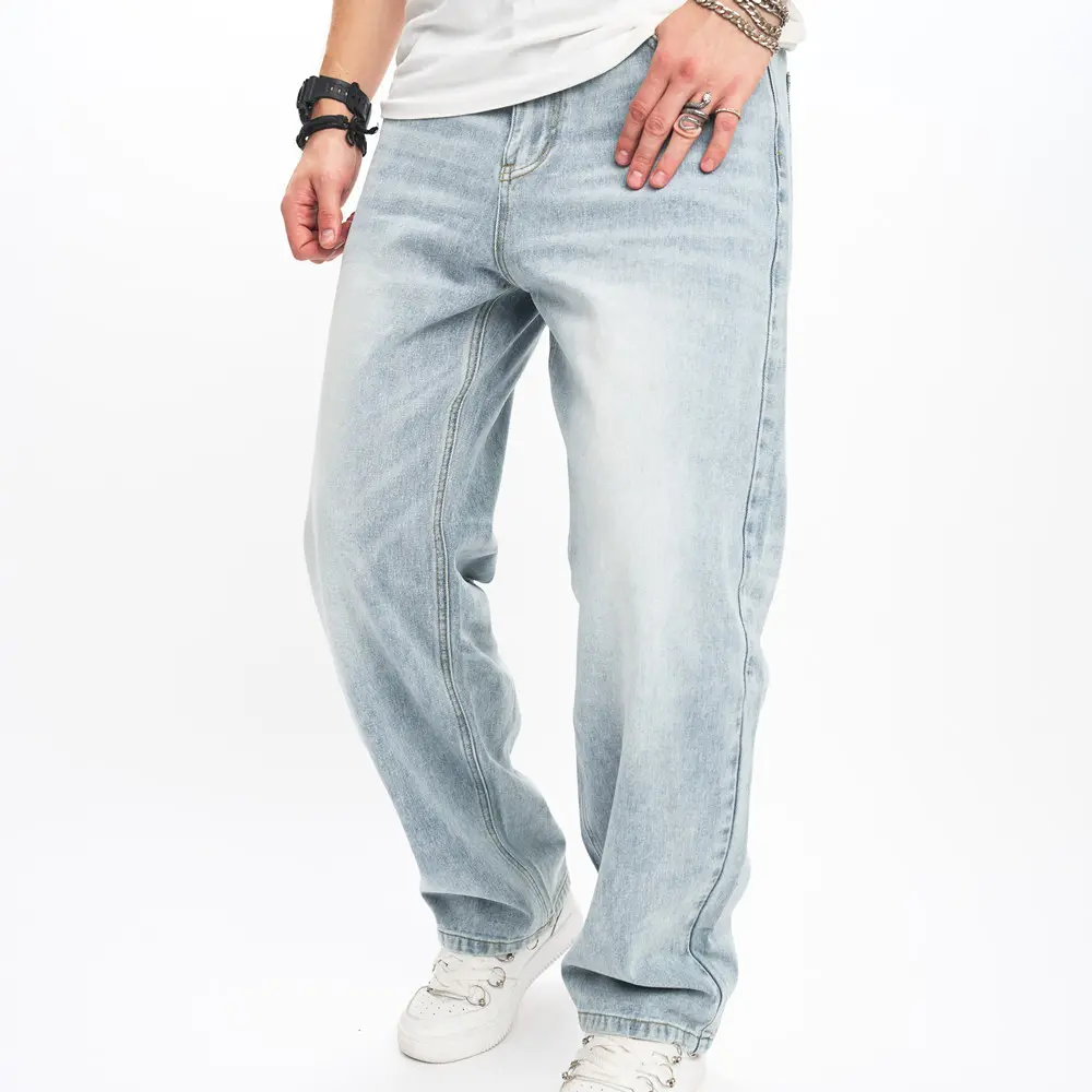 Wide-Leg Men's jeans Simple solid Loose Straight  Trousers For Men's Cotton Jogging  Denim Pants Menswear Underwear Human Beige mid waist plain Jean Baggy Jeans Men