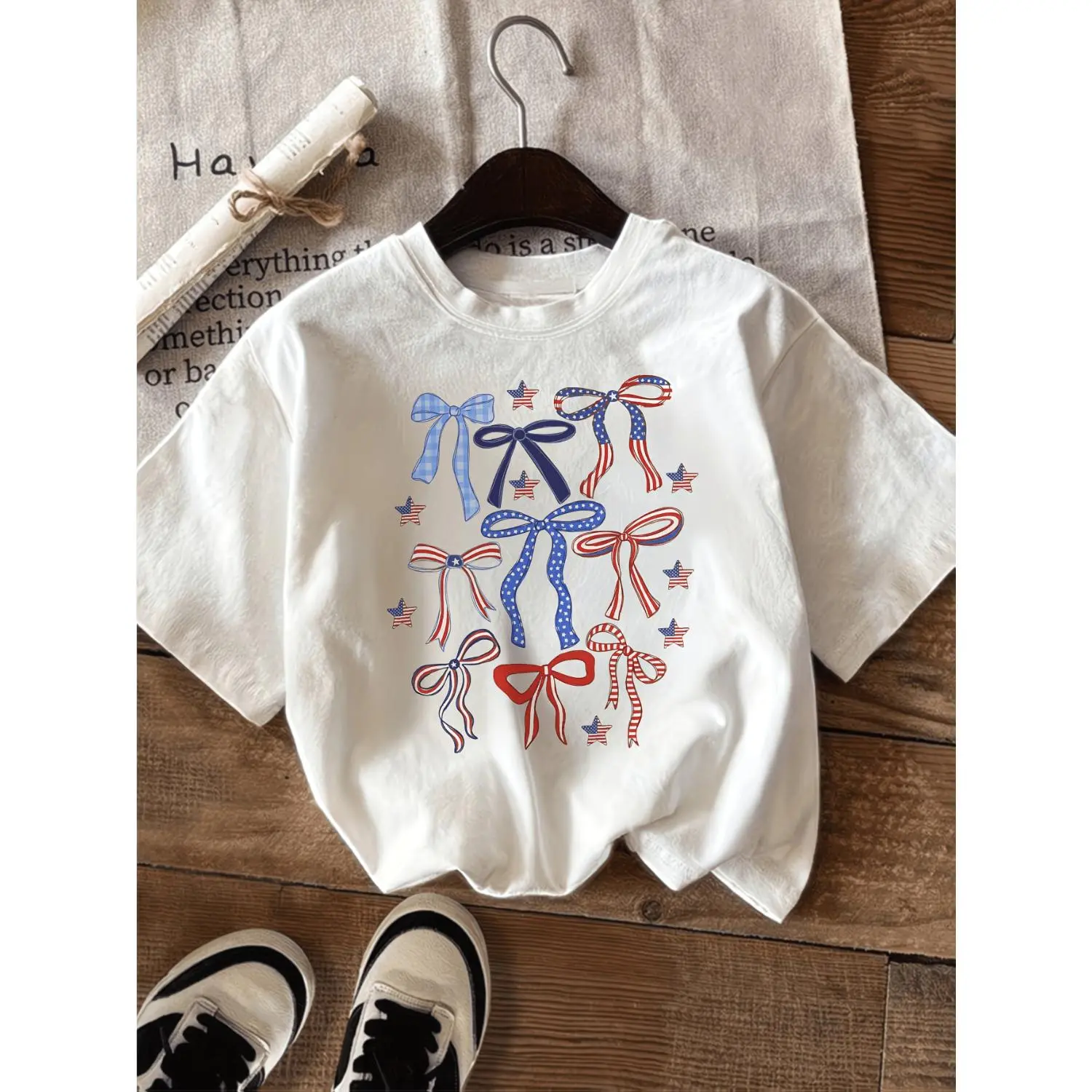 Girls' Athletic T-Shirt with Soft Cotton Bow & Star Graphic, Summer Casual Kids Clothing Girls Shirts, Neutral, Round Neck, Regular Fit, Kids Style, 3 - 13 Years, Bright Hues, Crew Neck, Cute, Stars Design, Cool Graphic Tee, Graphic Printed Tees