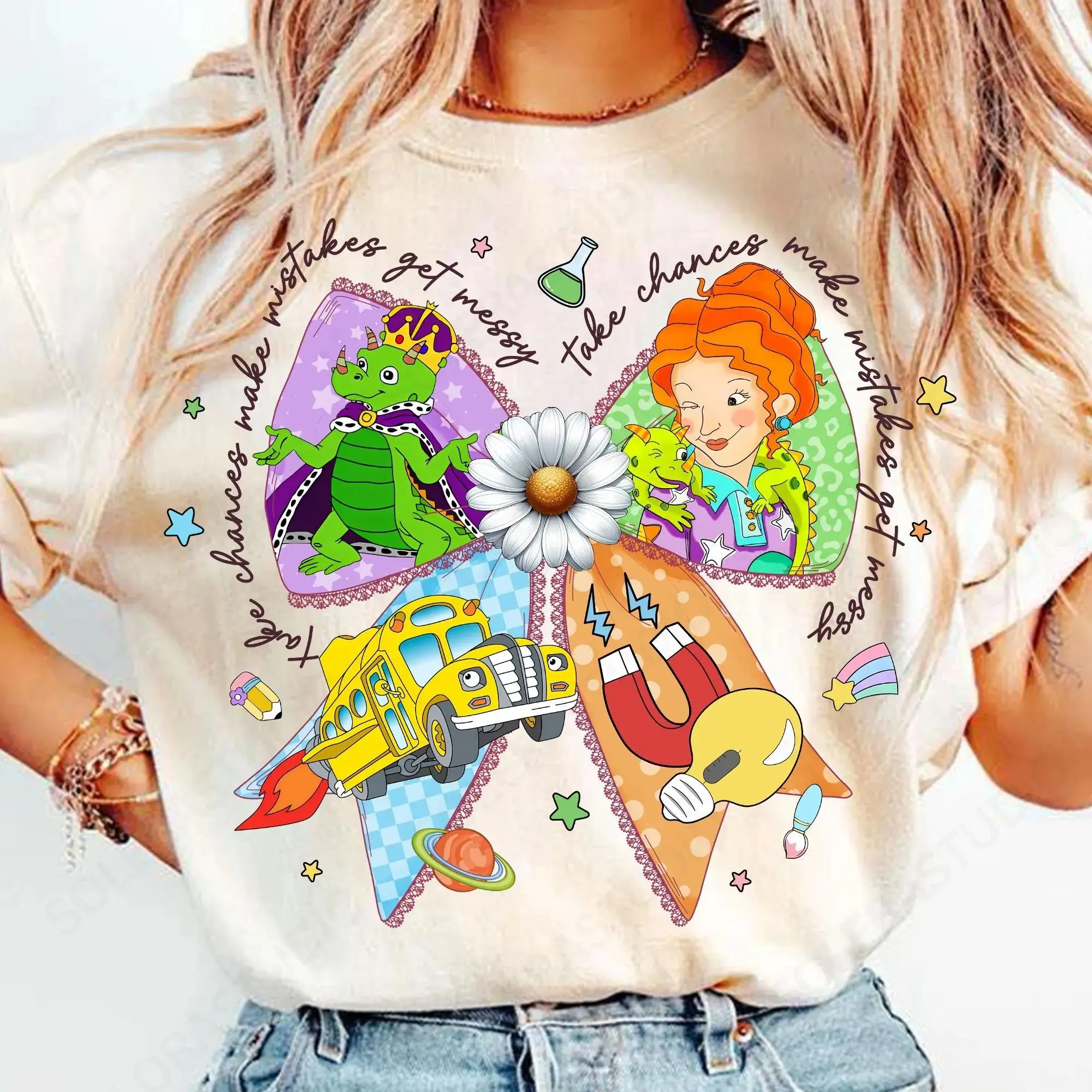 Take Chances Make Mistakes Get Messy Teacher Shirt, Preppy Coquette Graphic Tee, Cute School Bus T-Shirt, Fun Teacher Gift for Back to School
