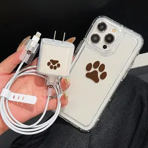 5 Piece Set Transparent Claw Print Phone Case, Charger Head Cover, Cable Protector, Storage Rope, Anti-Drop Protective Tpu Case for iPhone