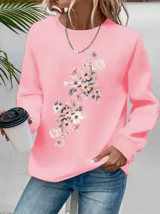 Women's Floral Print Casual Round Neck Sweatshirt, Soft Pullover, Fall & Winter Essential, Comfortable Fitted Top