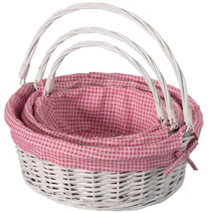 360 Stand Traditional White Round Willow Gift Baskets, Set of 3, with Pink and White Gingham Liner, Sturdy Foldable Handles, Decorative Food Snacks Storage for Kitchen